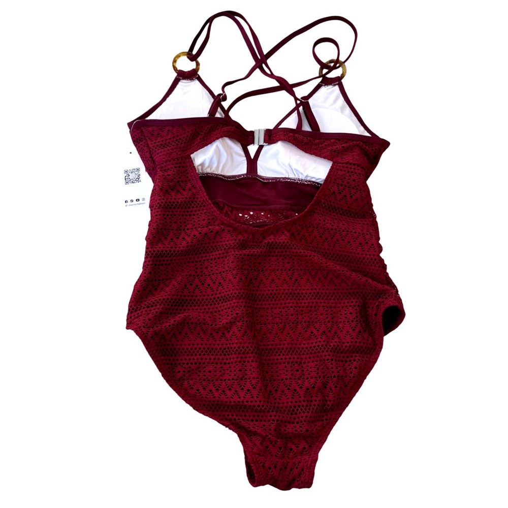 NWT Charmo Womens Burgundy Crochet Lace One Piece Swimsuit UPF 50+ Size Med - Picture 3 of 7